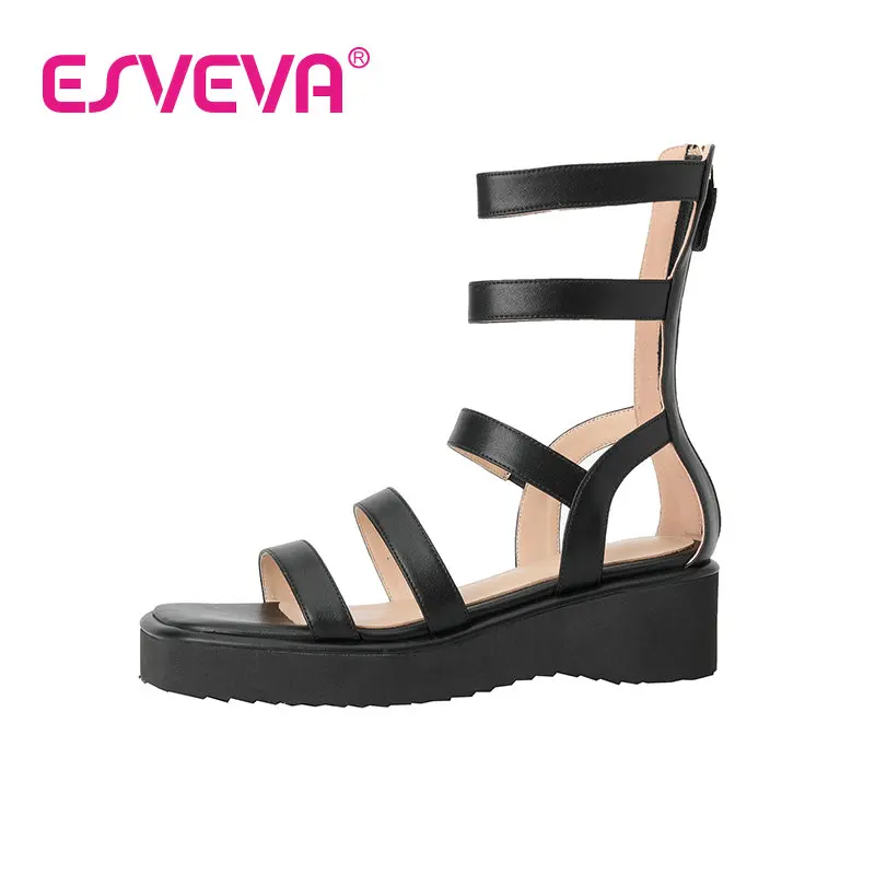 

ESVEVA 2022 Summer Leather Sandal High Heel Fashion Zipper Rome Shoes Square Toe Platform Women Pumps Big Size 34-39