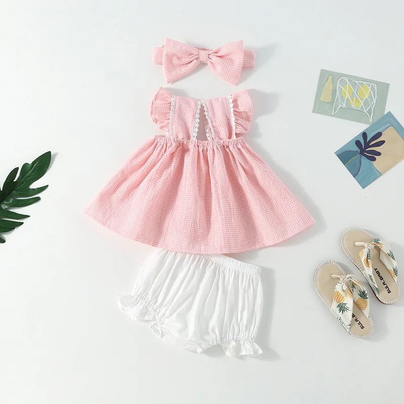 Summer Embroidery Fly Sleeve Romper Outfits Cute Baby Girl Plaid Flower Crawling Clothes Casual Bodysuit One-Piece 0-2Years