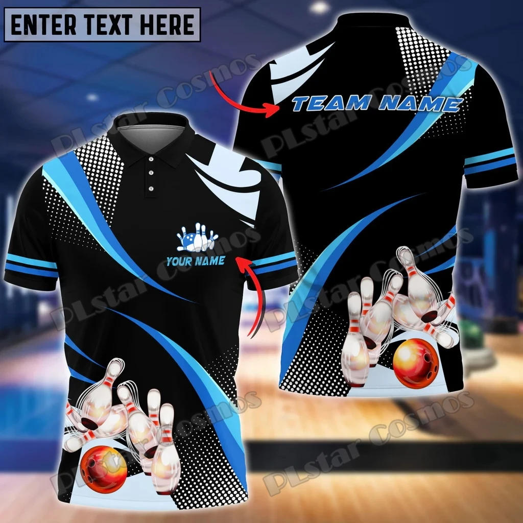 Orange Bowling Ball And Pins Blue Pattern Custom Name 3D Printed Men's Polo Shirt Summer Street Unisex Casual Polo shirt WK110