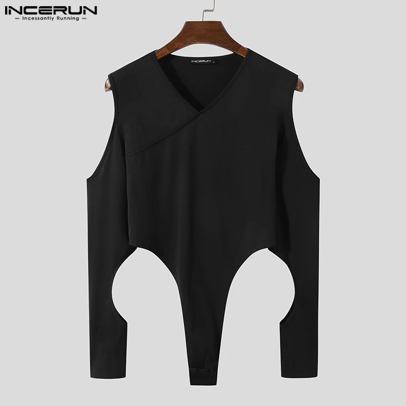 INCERUN Men Bodysuits Hollow Out Solid Color V Neck Long Sleeve Sexy Men Rompers Pajamas 2023 Fitness Fashion Bodysuits S-5XL