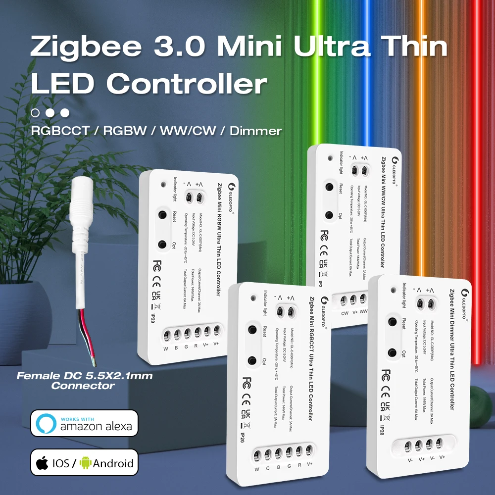 

Gledopto Zigbee 3.0 Ultra Thin Mini RGBCCT WWCW LED Light Strip Controller Bedroom Kitchen Lighting Alexa Voice APP Controller