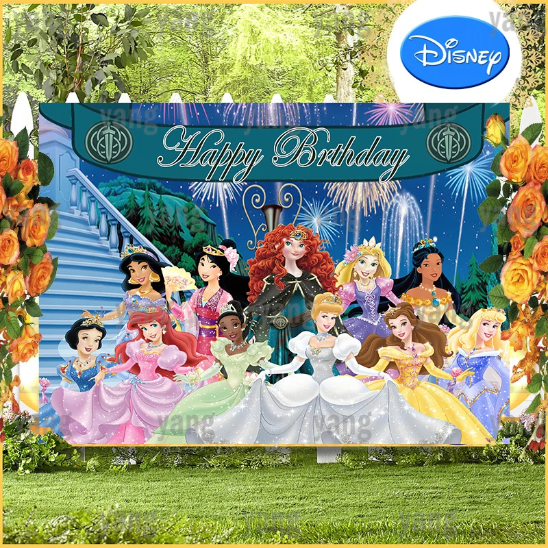 Disney Cinderella Belle Aurora Ariel Snow White Princess New Year Happy Birthday Party Colorful Fireworks Backdrop Background