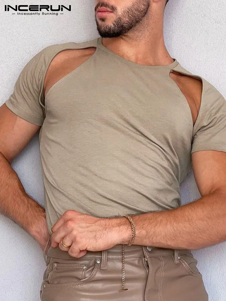 

Stylish All-match New Men Shoulder Oblique Camiseta Male Solid Comfortable Hollow Short-sleeved T-shirts S-5XL INCERUN Tops 2022