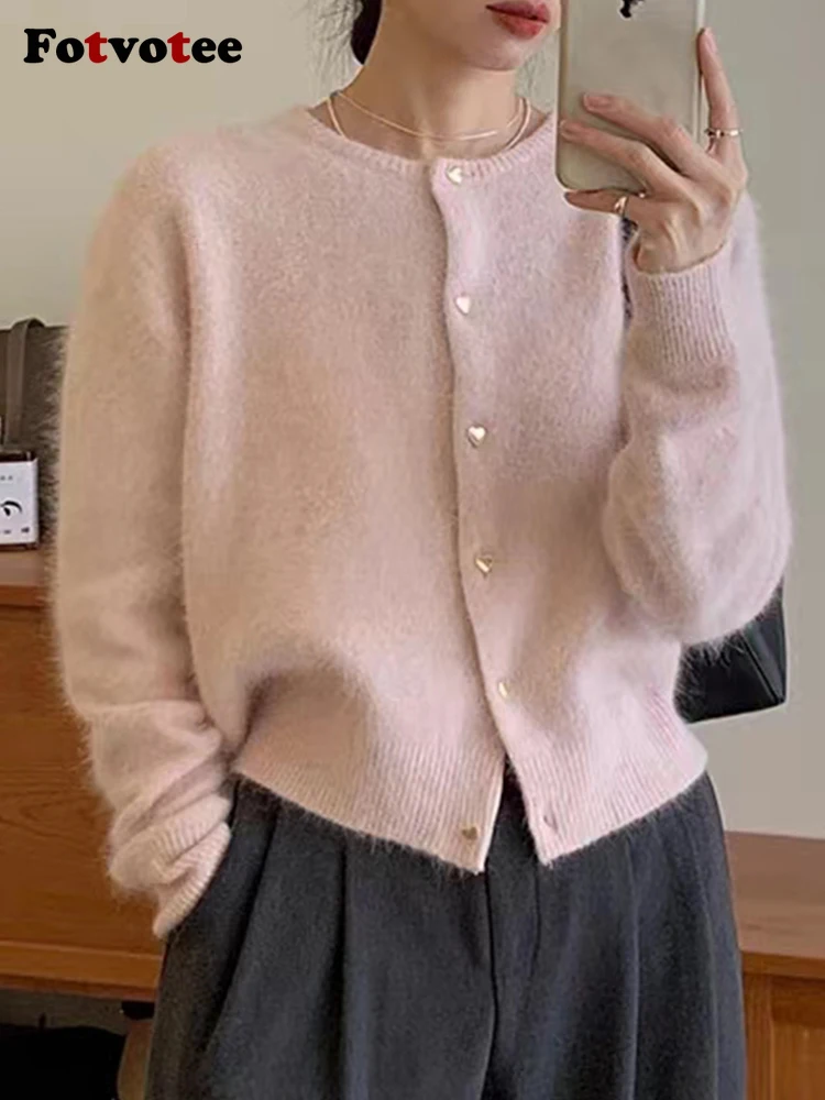 Женский Укороченный кардиган Fotvotee модный вязаный розовый свитер в Корейском