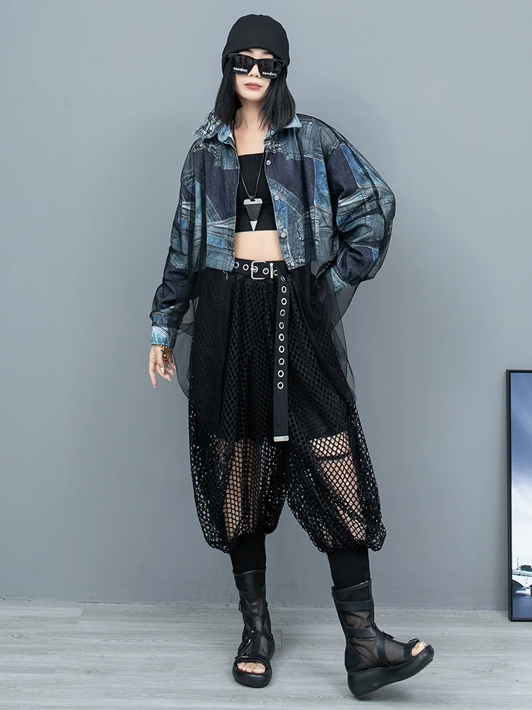 Женский костюм из двух предметов Джинсовая Лоскутная куртка с длинным рукавом и