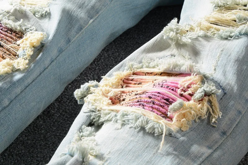 Mens Light Blue Ripped Streetwear Hip Hop Fashion Skinny Damaged Patched Holes Slim Fit Stretch Distressed Destroyed Denim Jeans