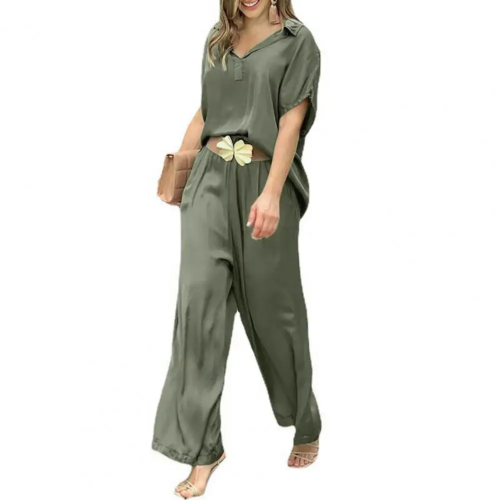 

2 Pcs/Set Women Shirt Pants Set Solid Color Loose Casual V Neck Short Sleeves Wide Leg High Waist Tracksuit Women Clothes