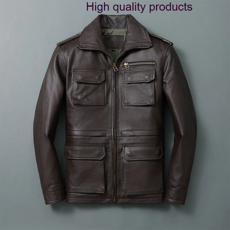 

Distressed Retro Motorcycle Pure Top Layer Cowhide Genuine Leather Men's Slim Lapel Collar Multi-Pocket Jacket