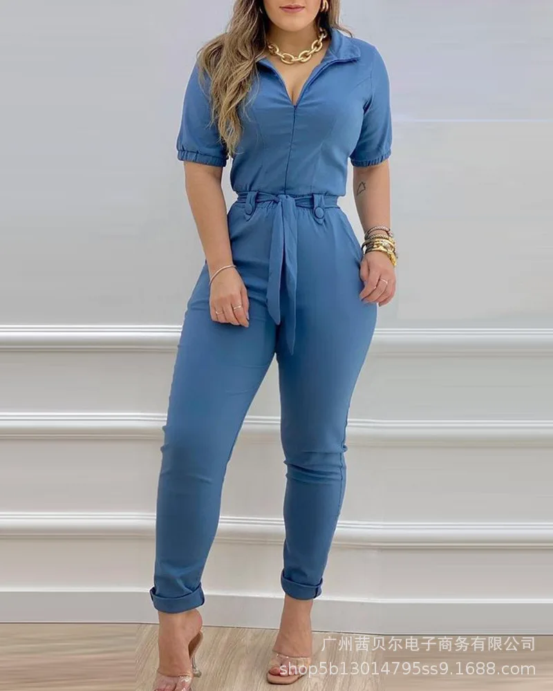 

2022 Women's Clothing New Blue Casual Lace-up Jumpsuit Spring Summer V Neck Short Sleeve Overalls Pants