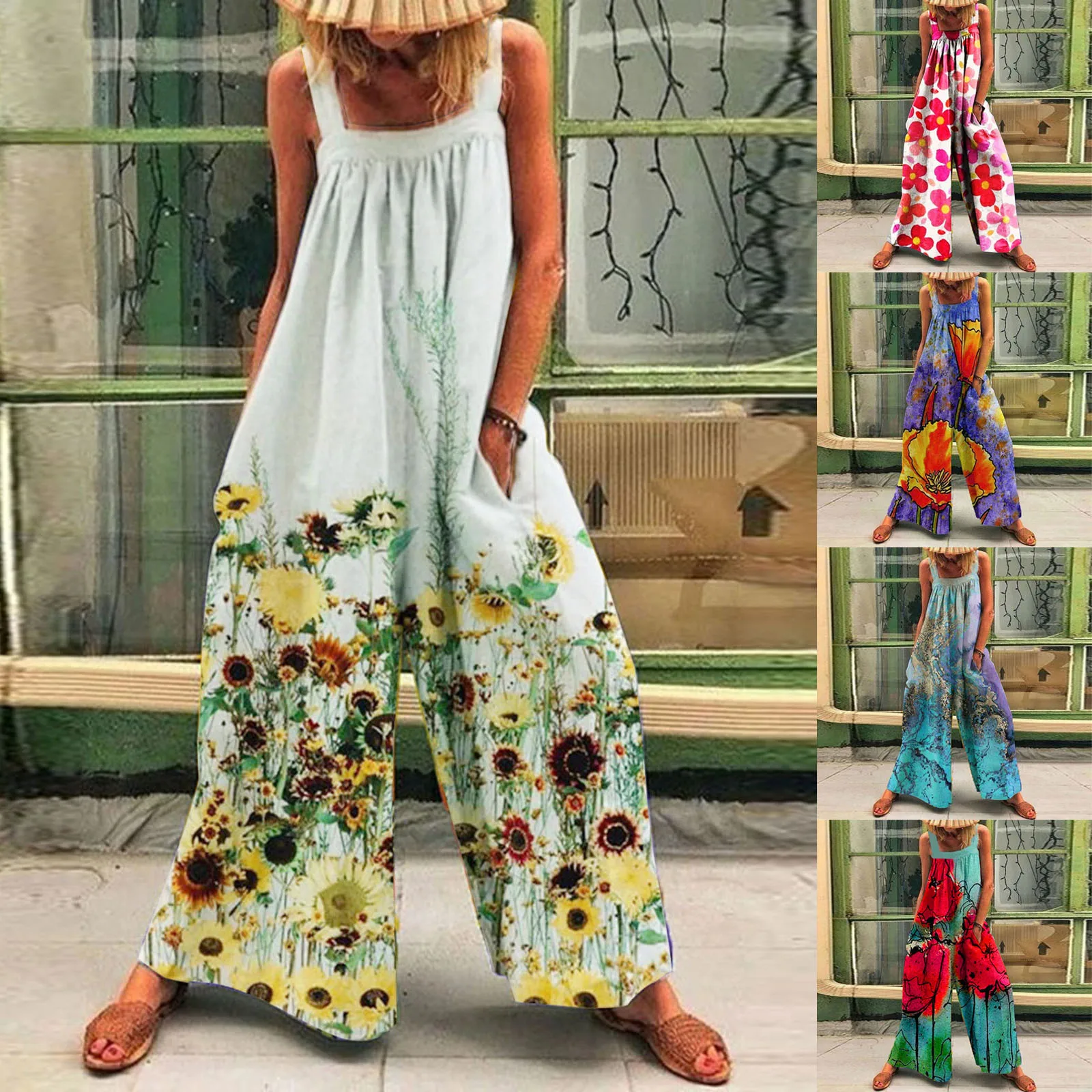 

Women Fashion Print Pocket Romper Long Playsuit Wide Leg Loose Jumpsuit Combinaison Femme