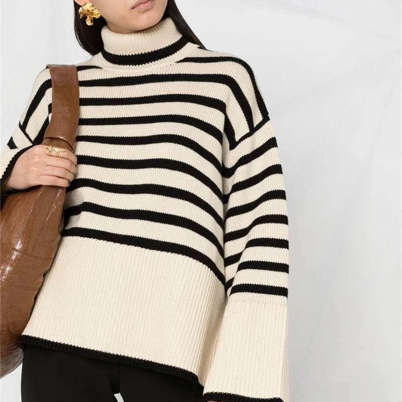 

Turtleneck Striped Women Knitted Sweaters Pullovers 2022 Autumn Winter Long Sleeve Loose Side Split Female Tops Knitwear F410