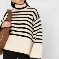 turtleneck striped women knitted sweaters pullovers 2022 autumn winter long sleeve loose side split female tops knitwear f410