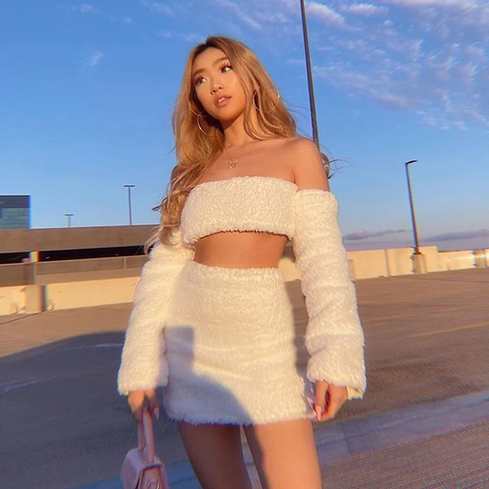 

Autumn Winter Sexy Dress Suit Furry Skirt Sets Women Fashion Streetwear Sleeve Strapless Top White Mini Skirts Two Piece Outfits