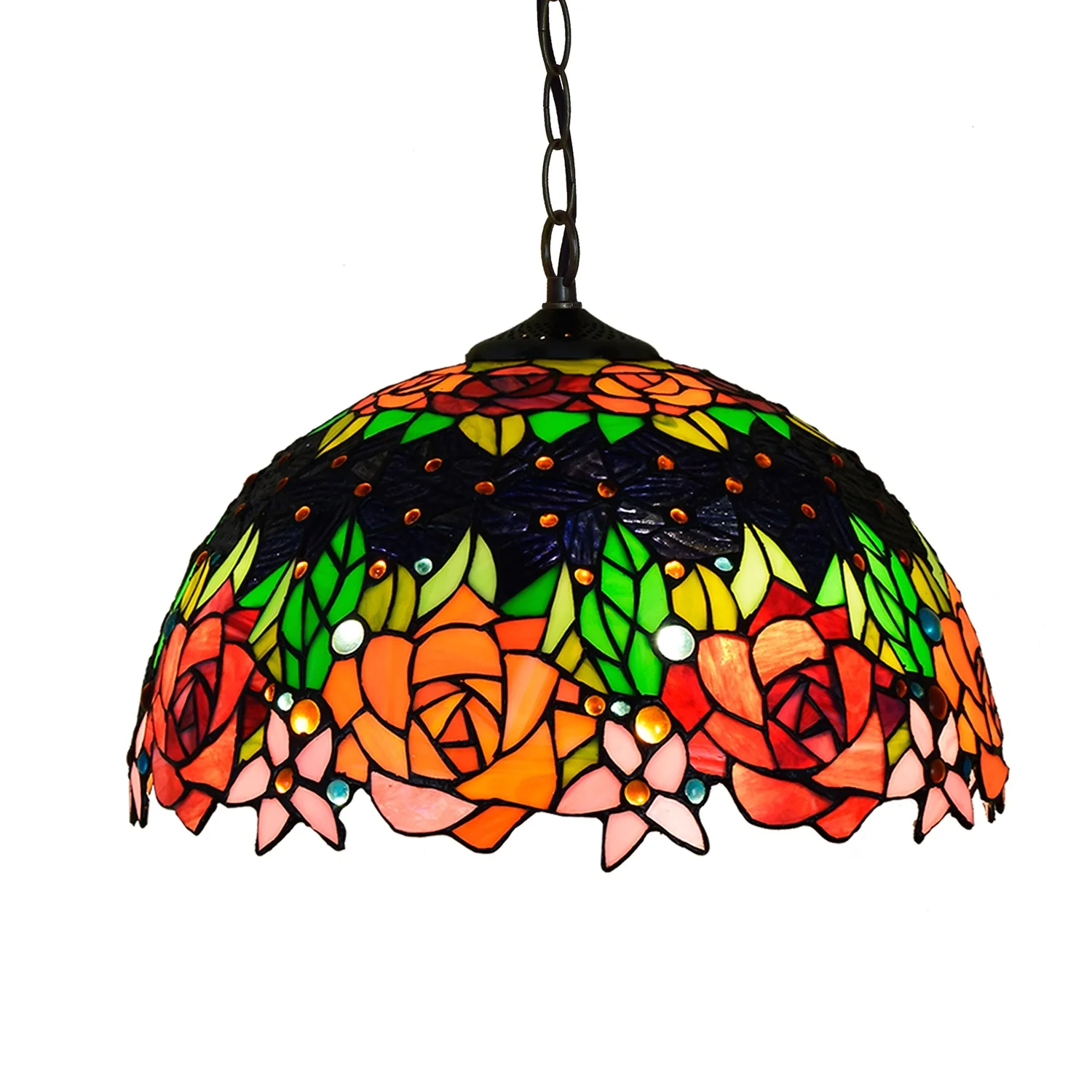 16 Inches Stained glass Style Black-bottom Glass Roses Pendant lamp American Rural retro creative classic bedroom Restaurant