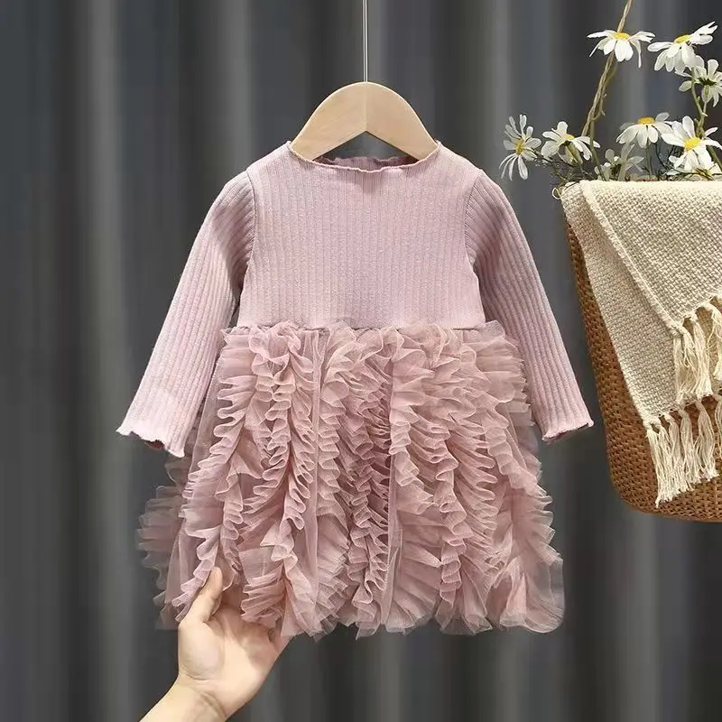 Милое розовое платье для девочек на весну и осень трикотажная сетчатая юбка с