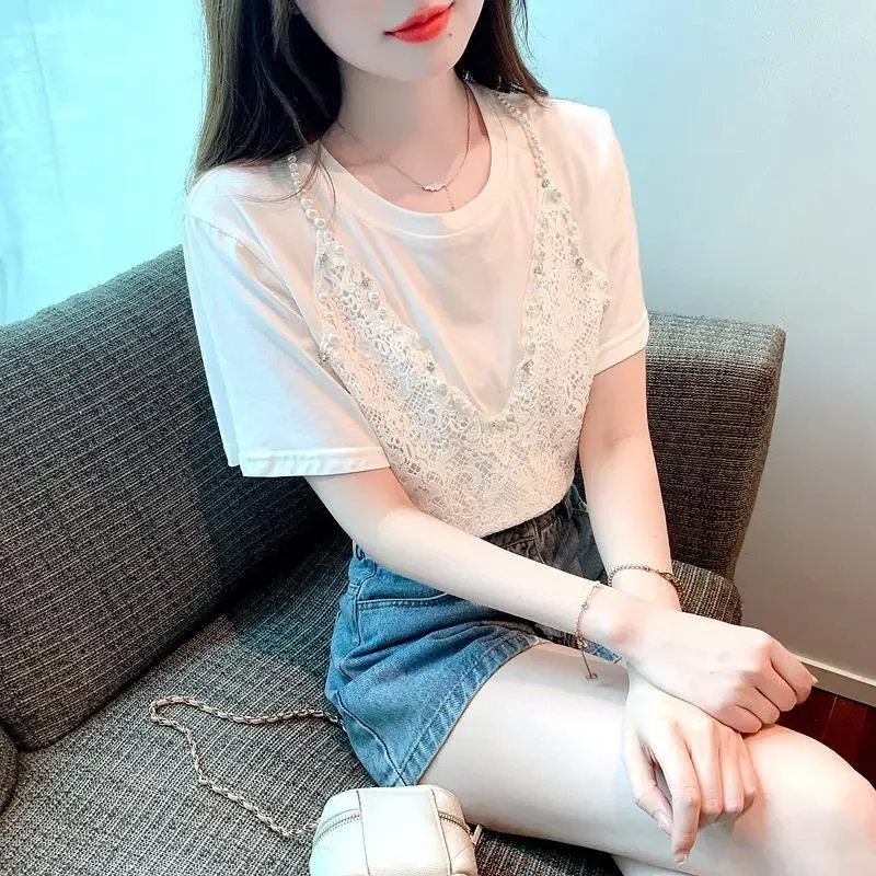 Лето 2023 новый пуловер с круглым вырезом футболка из двух частей иллюзия