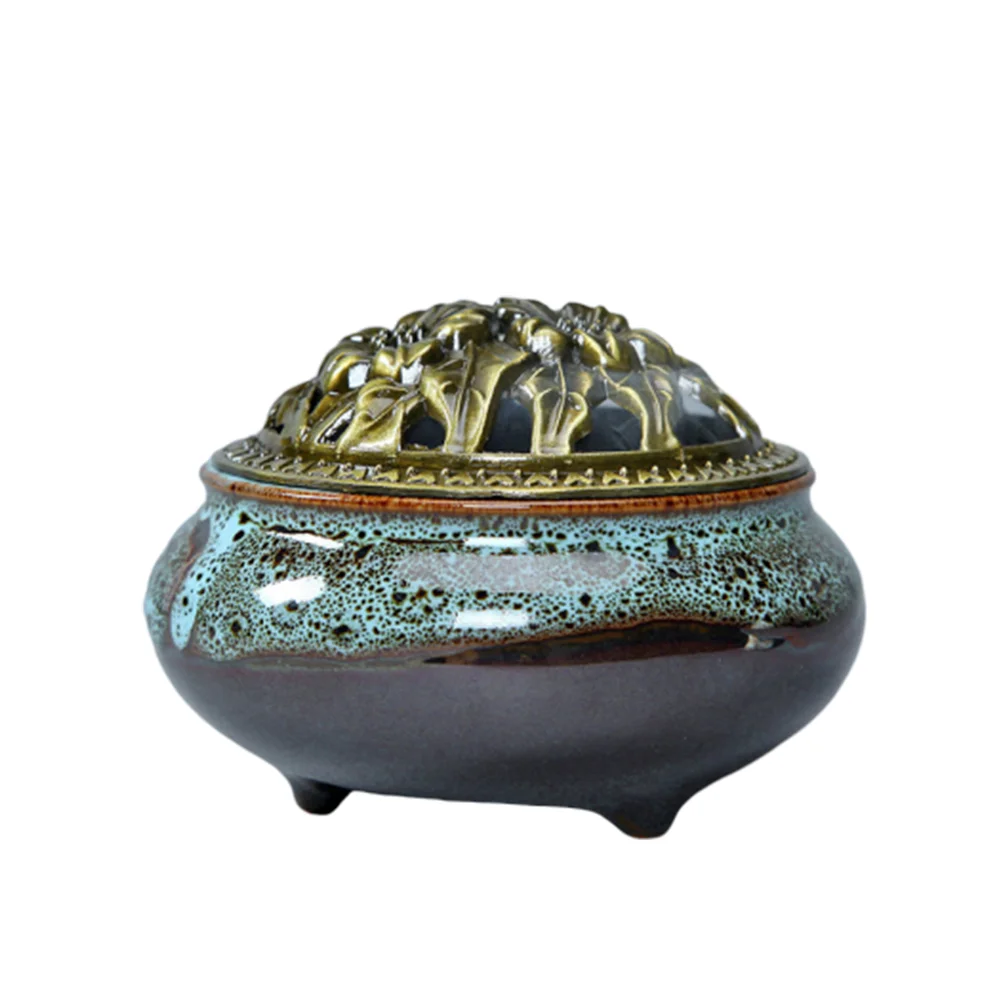 

Cone Incense Burner with Alloy Calabash Incense Stick Holder Ceramic Incense Ash Catcher Tray Bowl (Blue)