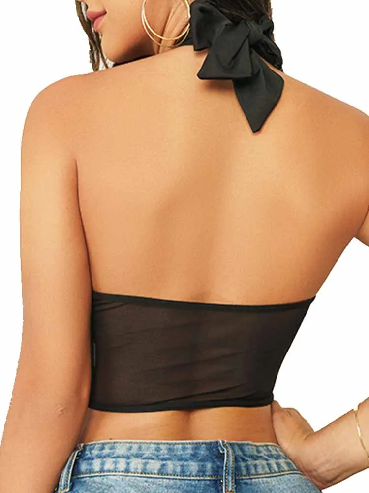 Sexy Cross Halter Corset Bustier Mesh Bone Tank Tops Women Tie Up Wrap Tube Tops Backless Slim Fit Cut Out Front Tops 4