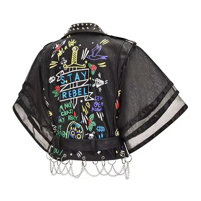 Women's Punk Leather Jacket Cropped Sleeveless Outerwear Spring Summer Streetwear Graffiti Print PU Leather Locomotive Coats enlarge