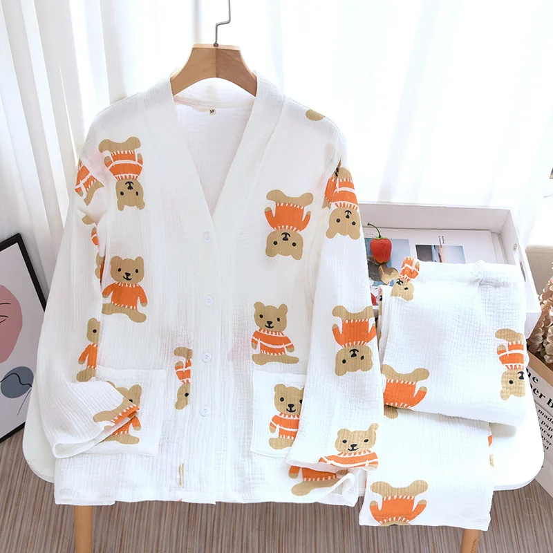 4XL Nursing Pajamas V-neck Nursing Open Cardigan Long Sleeve Confinement Clothes Woven Cotton Crepe Thin Feeding Sleep Wear Home