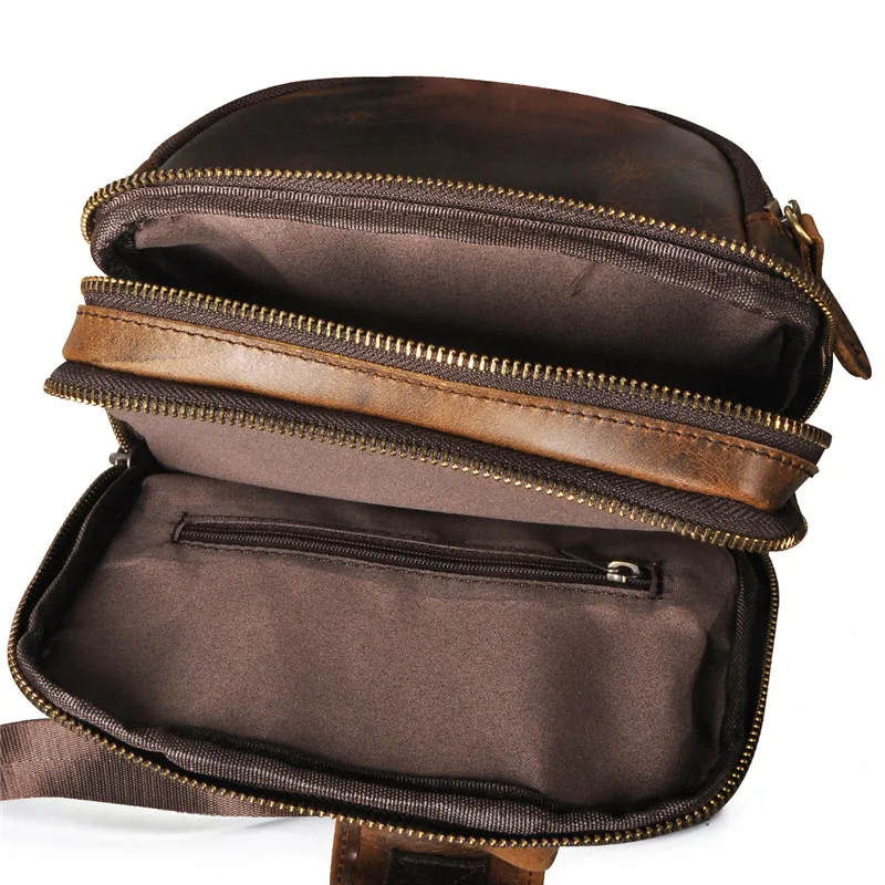 Retro Fashion Luxury Men's Natural genuine Leather Chest Bag Daily Outdoor Travel Crazy Horse cowhide Brown Messenger Bag