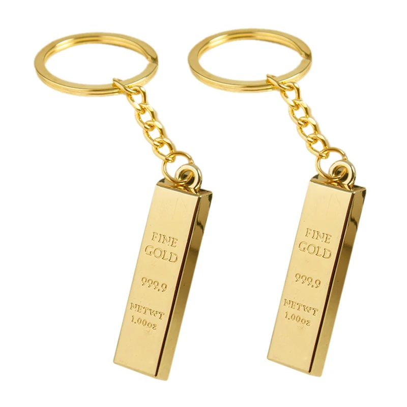 

2X Faux 9999 Miniature Gold Tone Bar Pendant Key Chain Ring