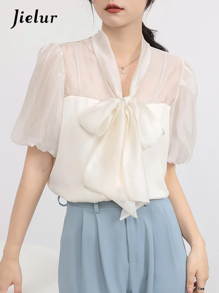 Jielur Летняя новая однотонная тонкая женская блузка милая Элегантная для женщин