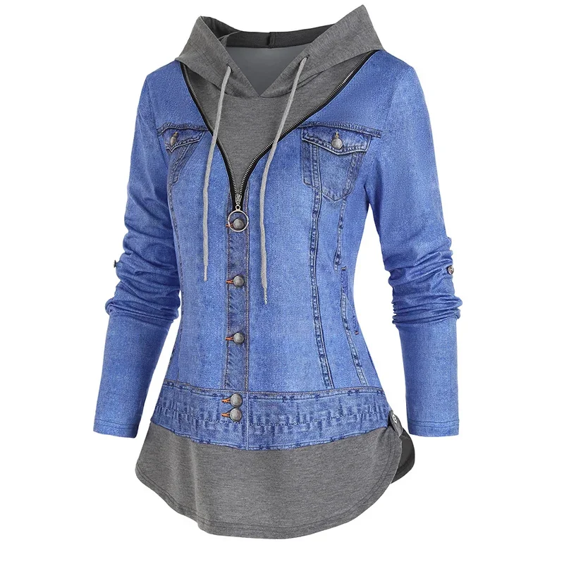 

Casual Denim Jacket 3D Print O Ring Zipper Hooded Faux Twinset T Shirt Women False Two Piece Long Sleeve Tee