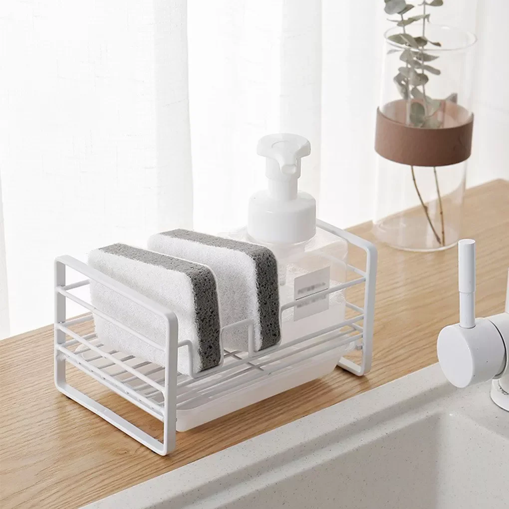 

2022Kitchen Dish Desktop Brush Drying Organizer Countertop Sponge Holder Shelf Washing Cloth Rag Drainer Rack with Water Collect
