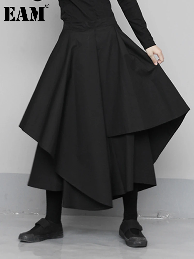 

[EAM] High Elastic Waist Black Asymmetrical Wide Leg Trousers New Loose Fit Pants Women Fashion Tide Spring Autumn 2022 1N683