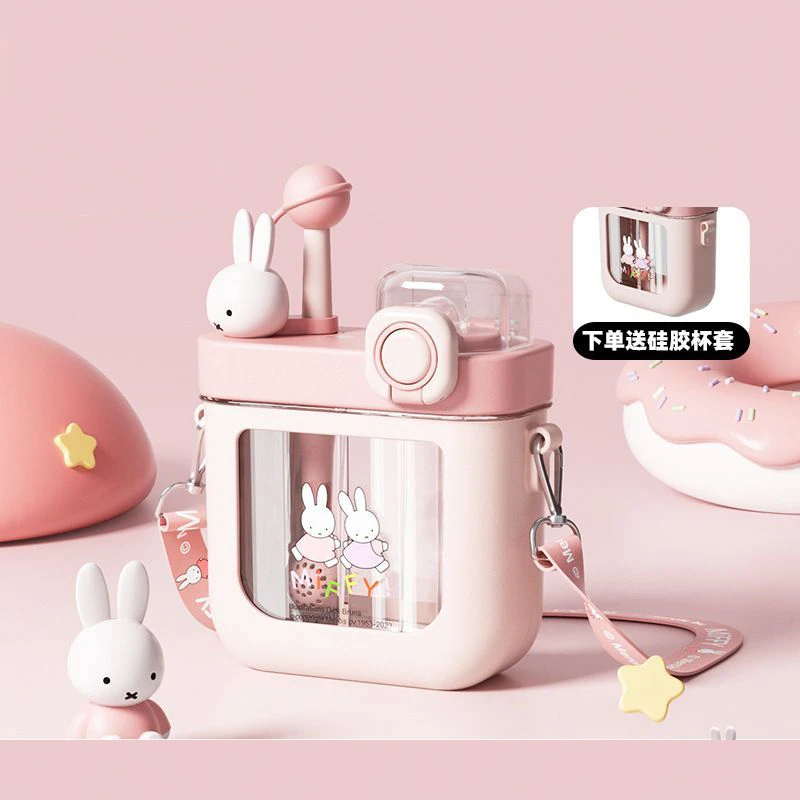 

Cartoon Miffy Straw Cup Square Glass Mug with Lid and Straw Breakfast Milk Cup Safe Transparent Party Coffee Mug Drinkware Glass