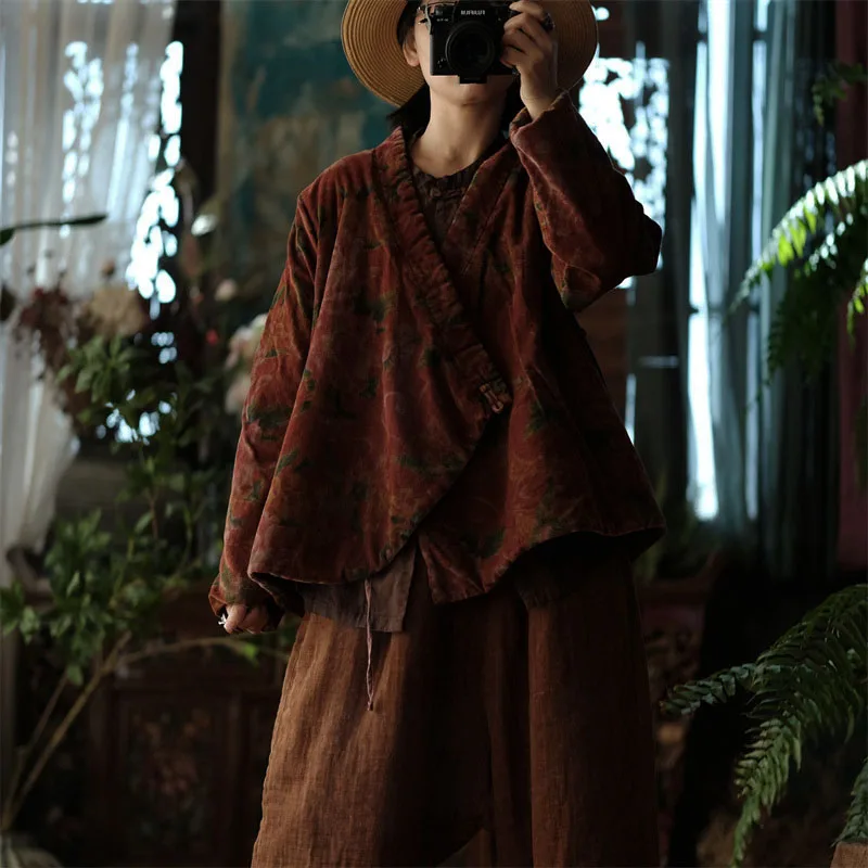 Новое китайское хлопковое льняное короткое пальто с принтом на клипсе женское