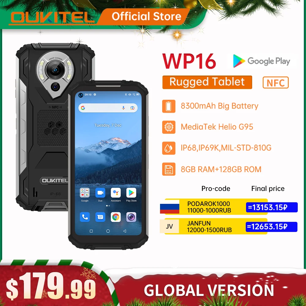 Oukitel WP16 Rugged Smartphone 6.4" 8GB + 128GB 10600mAh Octa Core Mobile Phone 20MP Camera Helio P60 Cell Phone NFC