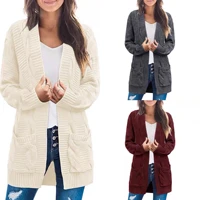 large size womens coat autumn and winter new twist double pocket cardigan sweater mid length