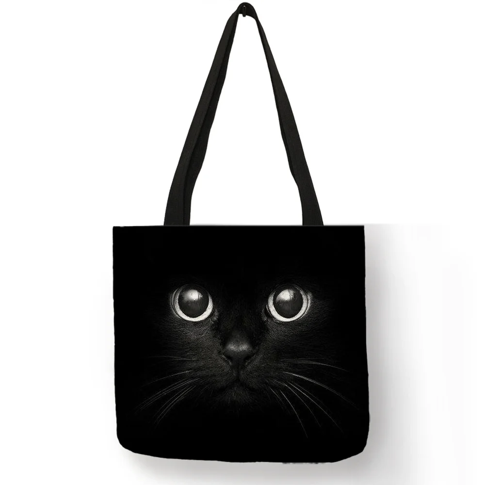 

Тканевые складные сумки для покупок для продуктов, Милая Черная сумка-тоут с принтом кота для женщин, индивидуальные школьные дорожные сумки через плечо