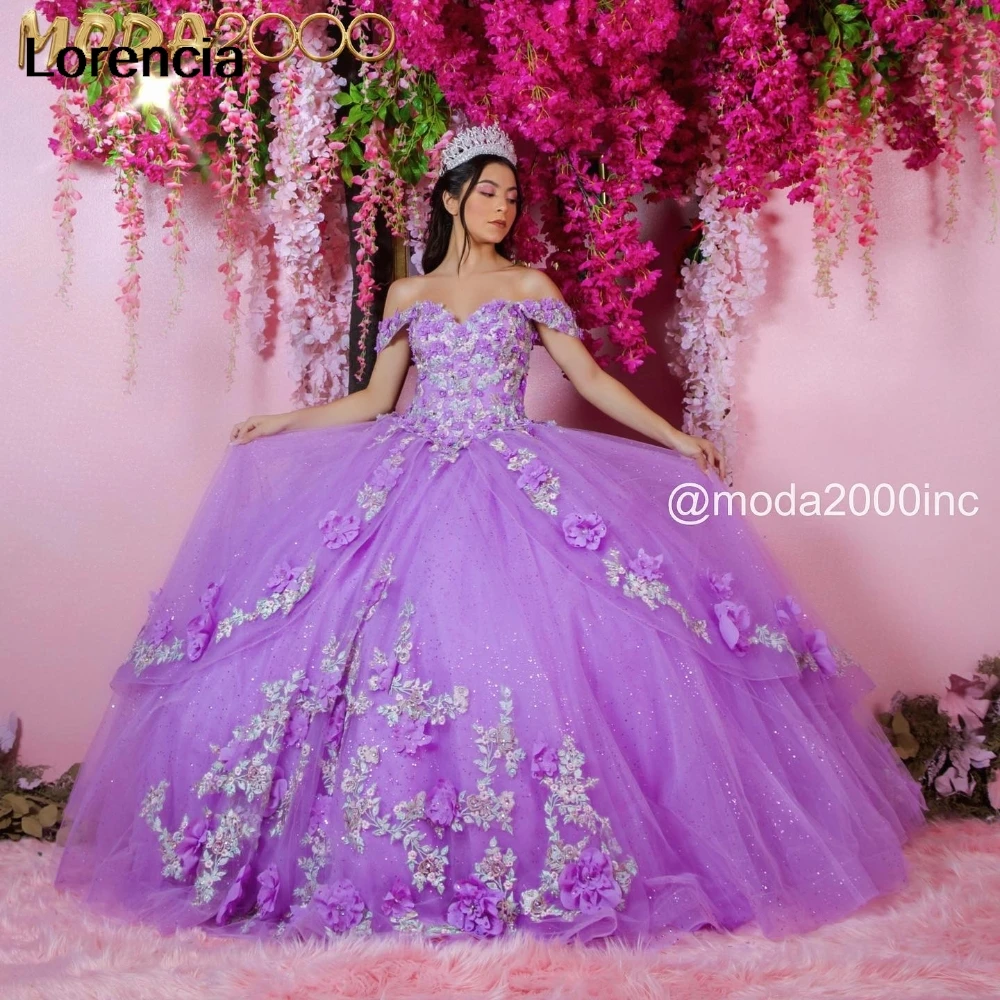 Lorencia элегантное фиолетовое Цветочное платье Quinceanera бальное блестящее кружево