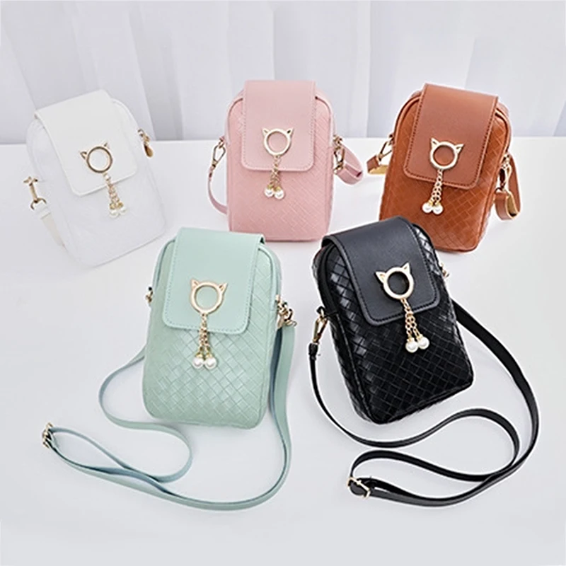 

Leather Women Mini Cross-body Mobile Phone Shoulder Bag Woven Pearl Tassel Cover-style Female Bag Shoulder Diagonal Bag