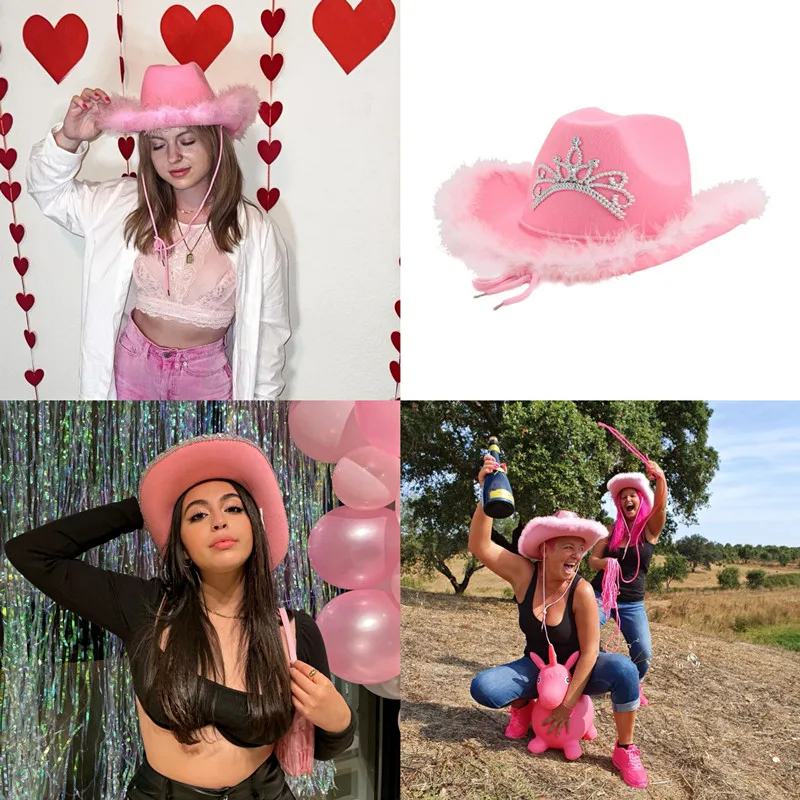 Pink Cowboy Hat Hats for Women Western Feather Adult Kids Cow Pattern Rope Wide Brim Jazz Cap Sombrero |