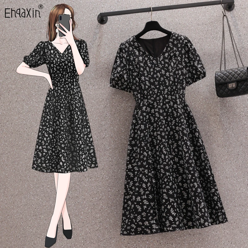 EHQAXIN 2023 Summer New Women's Dress Fashion Simple Gentle V-Neck Print Loose A-Line Short Sleeve Dresses For Ladies M-4XL