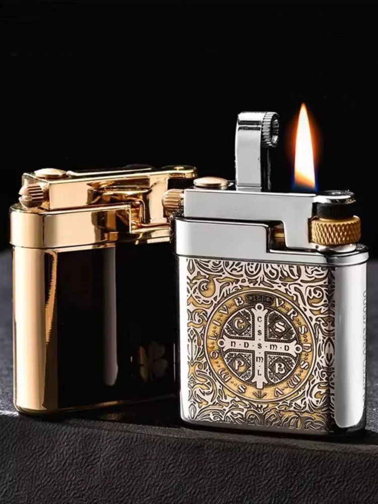 Фото Винтажная механическая пресс-зажигалка из чистой меди, шлифовальный круг, зажигание, персонализированный креативный подарок для уникального стиля №5