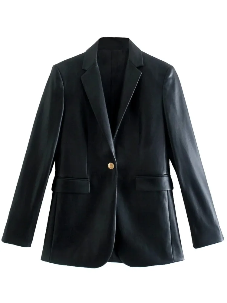 Женский пиджак из искусственной кожи Adherebling Traf винтажный с длинными рукавами и