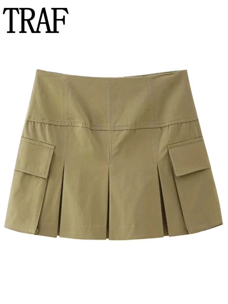 

Юбка-шорты плиссированная цвета хаки с высокой талией, с карманами