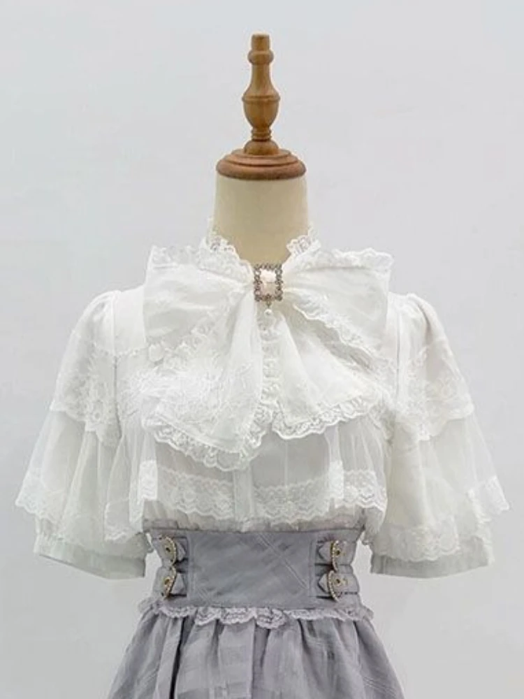 Фото Японский комплект в стиле Sweet Chic Lolita из 2 предметов: женская блузка с кружевом и большим бантом + юбка А-силуэта в клетку с высокой талией, винтажный кавайный модный наряд №2