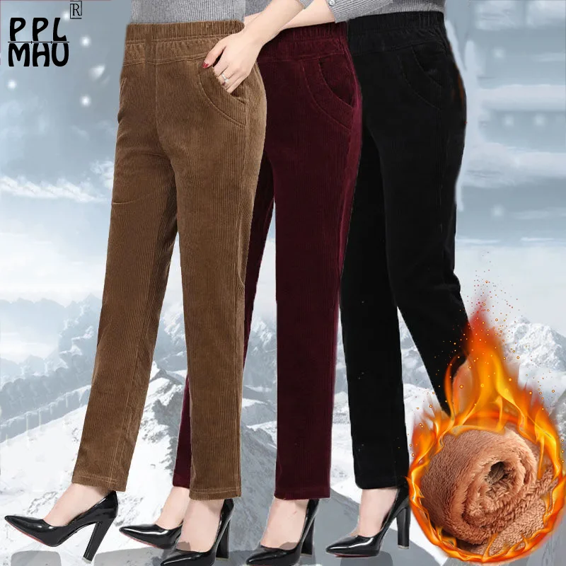 

Mom's Thick Fleece Liner Corduroy Pants Oversize 3xl Elastic High Waist Vintage Winter Pantalones Women Warm Lambswool Trousers