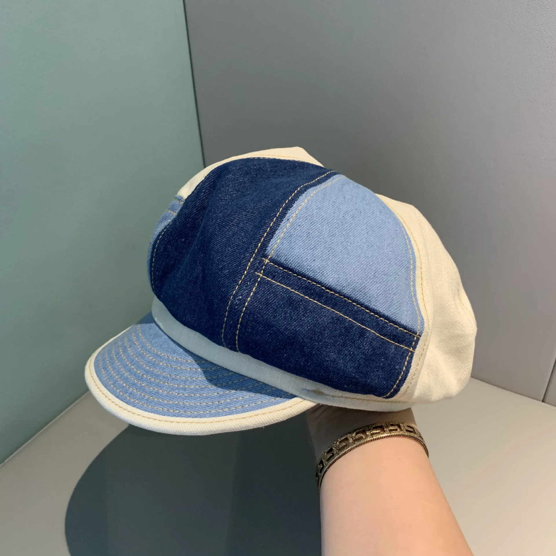 

New Designer Octagonal Hats For Women Beret Spring Summer Patchwork Denim Octagonal Cap Retro Visor Artist Travel Sun Hat