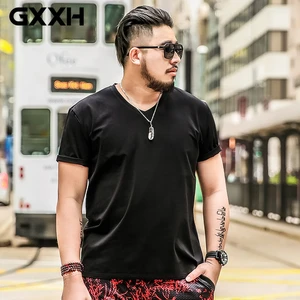 Мужская футболка большого размера плюс 5XL, Мужская однотонная хлопковая футболка с коротким рукавом и v-образным вырезом, летняя белая футболка большого размера 6XL 7XL