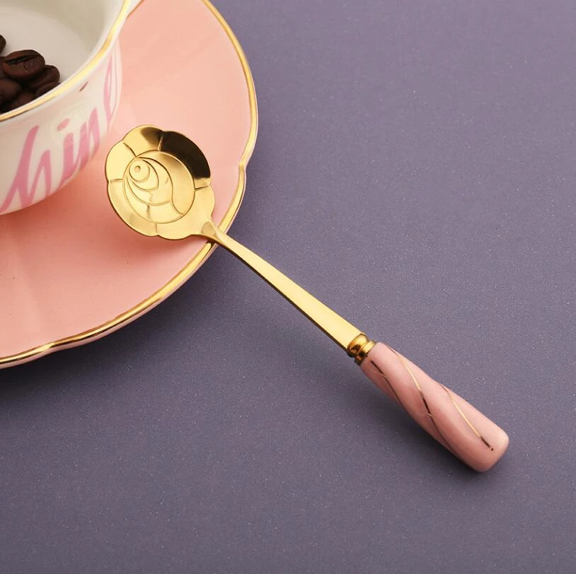 Ceramic Handle Flower Stirring Spoon Coffee Scoop Dessert Cake Ice Cream Spoons Gold Silver | Дом и сад