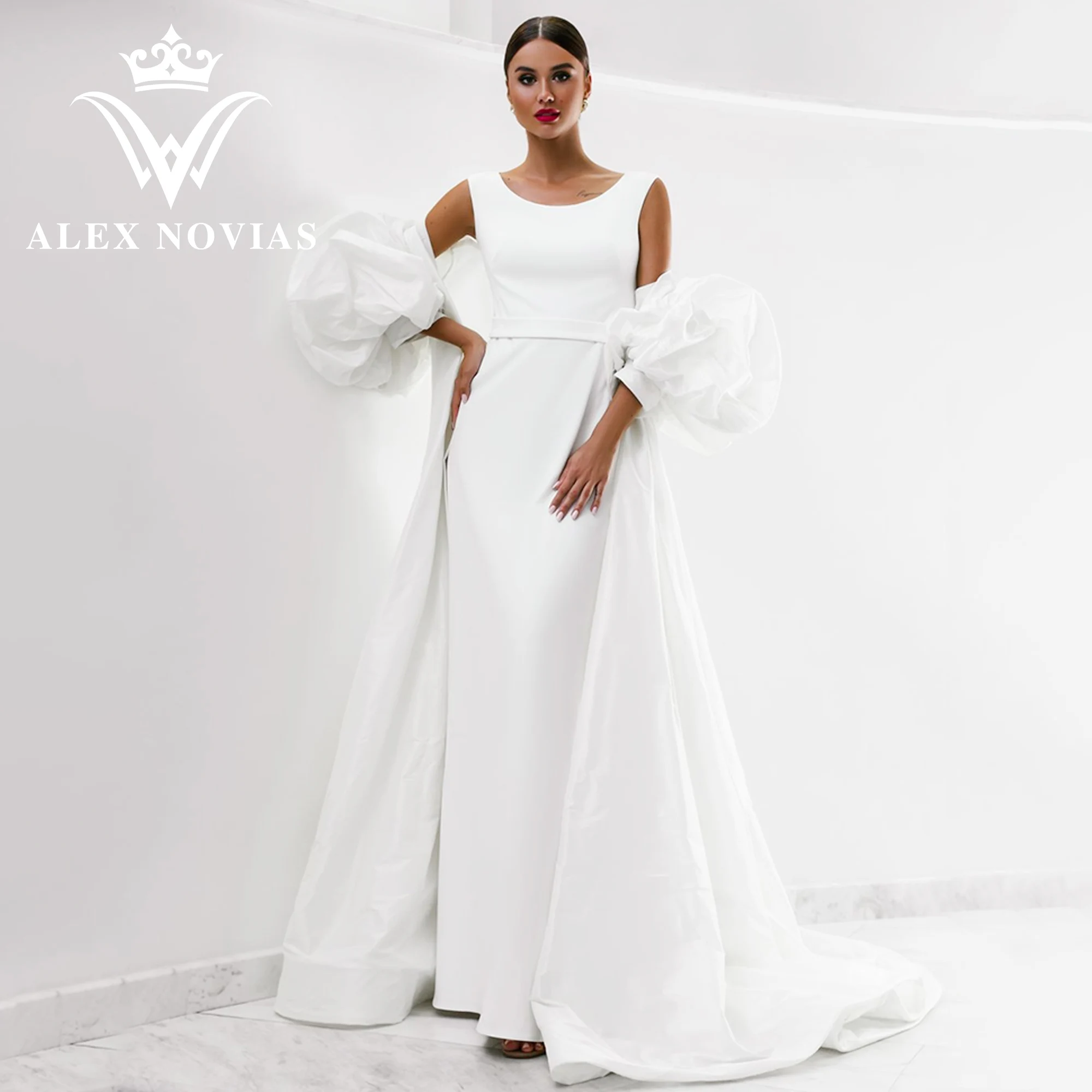 

Свадебное платье-трапеция с пиджаком ALEX NOVIAS, модель 2023 года, платье из сатина и Королевского шлейфа с глубоким декольте и Боковым Разрезом, классическое свадебное платье, 2 в 1