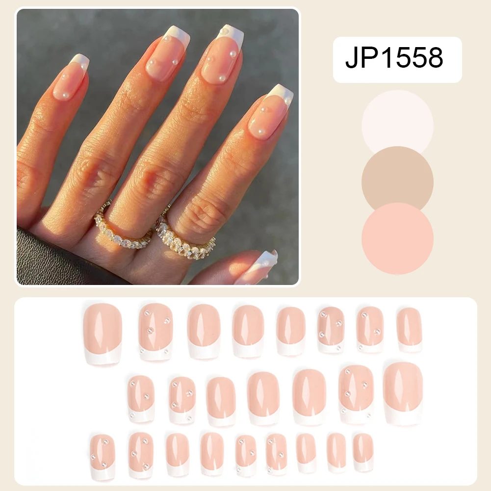 

24PCS Pearl Inlaid Artificial Nails French Manicure Nails Midi Press On Nails with Jelly Gel/Glue for Women & Girls RP