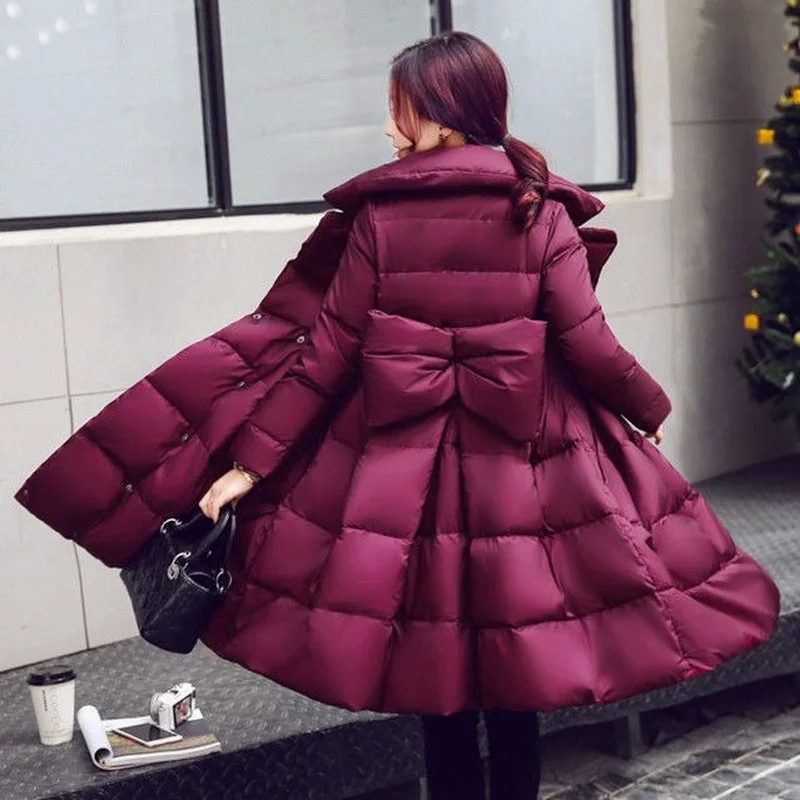 2023 Winter Parkas Women Cotton Jacket Fashion A-line Down Cotton Jackets Thick Warm Long Slim Female Bow Big Swing Cotton Coats